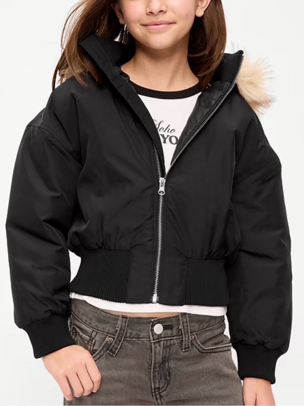 Old Navy Black Cropped Puffer Jacket with Faux Fur Trim Hood